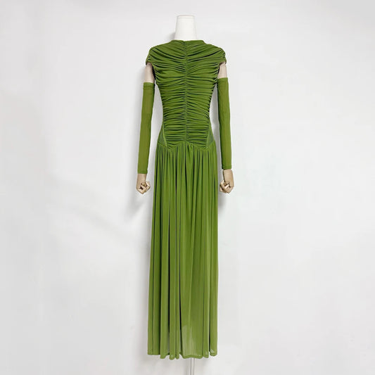 Solid Slim Fit Maxi Dress Elegant O-neck Detachable Long Sleeves Party Dress New Temperament Pleated Women Maxi Dresses