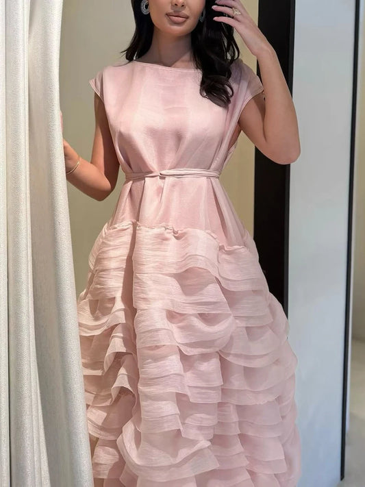 Elegant Spliced Tiered Ruffles Dress for Women O Neck Sleeveless Patchwork Lace Up Slim Formal Evening Puff Dresses Female