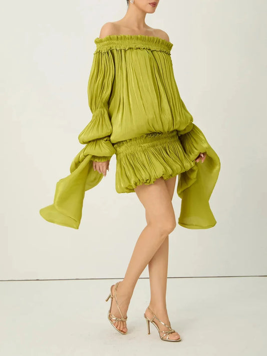 Solid Loose Spliced Folds Dress for Women Slash Neck Long Sleeve Luxury Irregular Dresses Female Summer Fashion New