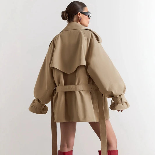 Women's Double Breasted Trench Coat Lapel Waist-Cinching Lace Up Mid Length Windbreaker Jacket Autumn Casual Street Coat