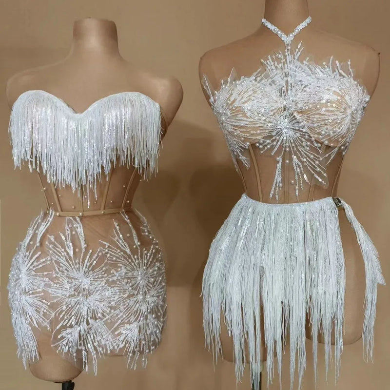 Glamorous Tassel Mesh Birthday Party Dress Stage Performance Costume Dance Waist Splicing Hip Wrap Skirt Outfit Vestidos De Gala