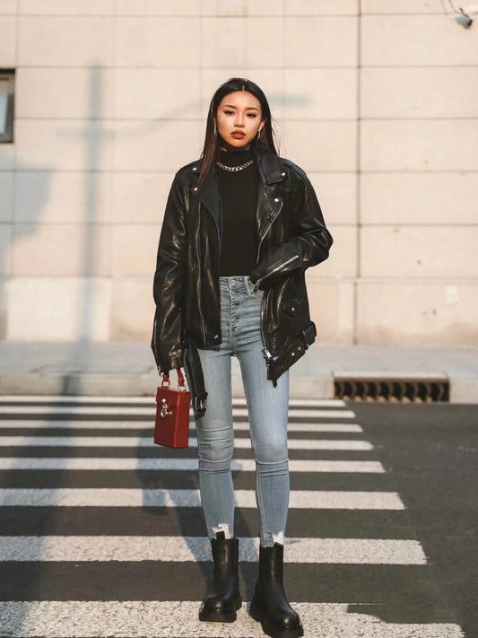 Women's Motorcycle Leather PU Imitation Leather Loose Jacket Black Jacket