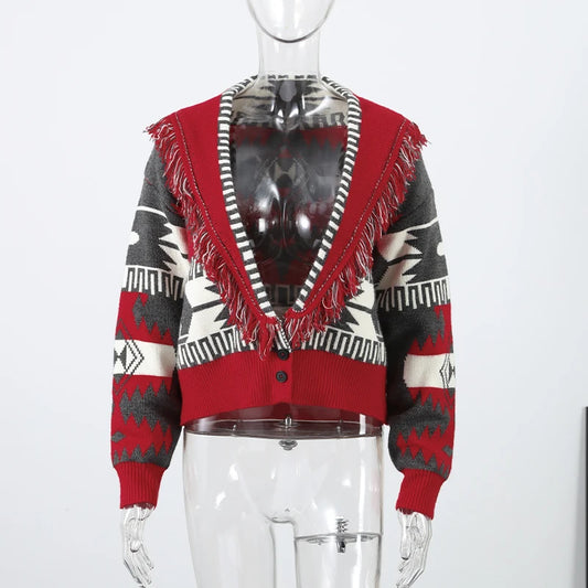 Printed Women Outerwear Tassel V Neck Knit Cardigan Cropped Knit Sweater Loose Drop Shoulder Cut Daily Fashion Wear 2026 Autumn