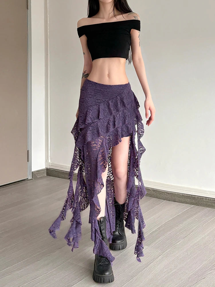 Tassels Women Skirts Chic Irregular Hem Multi-Layered Ruffles Lace Patchwork Summer Trend Skinny Versatile Bottoms