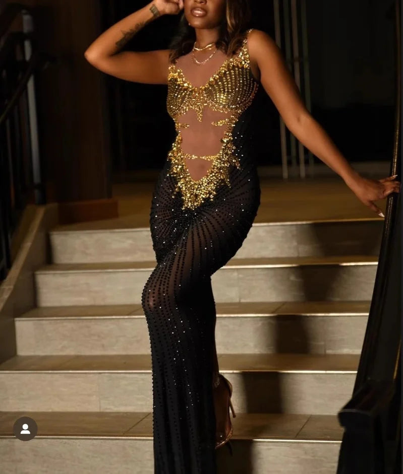 Sexy Sparkly Diamonds Sleeveless See-Through Long Dress Women Birthday Celebrate Evening Party Photo Shoot Stage Costume
