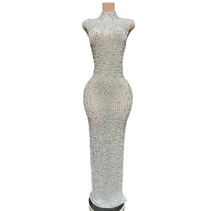 Glam Full Drill Elastic Slim Fit Sleeveless Long Dress - Hip Wrap, For Host Stage Catwalk & Engagement Evening High-Slit Dresses