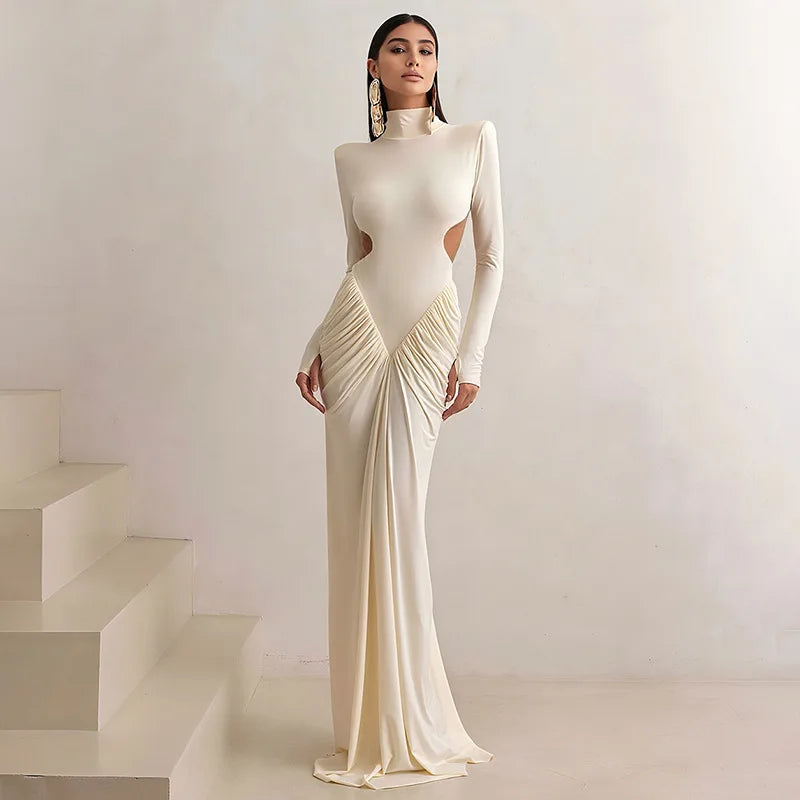 Sexy Backless Long Dress For Women Turtleneck Evening Party Ruched Dress Elegant Solid Long Sleeve Streetwear Maxi Dress