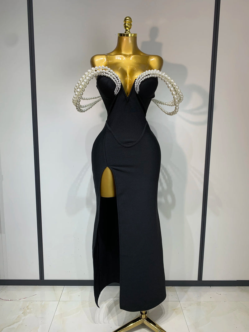 Women Luxury Designer Pearls V Neck Maxi Long Bandage Bodycon Dress Celebrity Evening Party Birthday Gowns Singer Stage Costumes