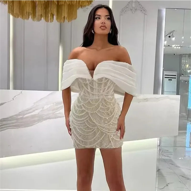 Luxury Beaded Glam Off-the-shoulder One-word Collar Short Dress Socialite Birthday Party Performance Wear Cocktail Formal Gown