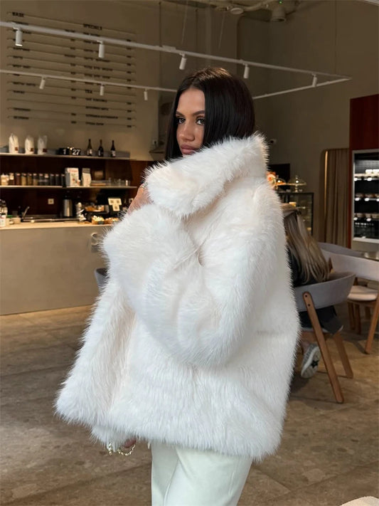 Solid Faux Fur Lapel Women's Coat Luxury Gradient Cropped Fluffy Fur Jacket Coat Winter Thicken Outerwear High Street