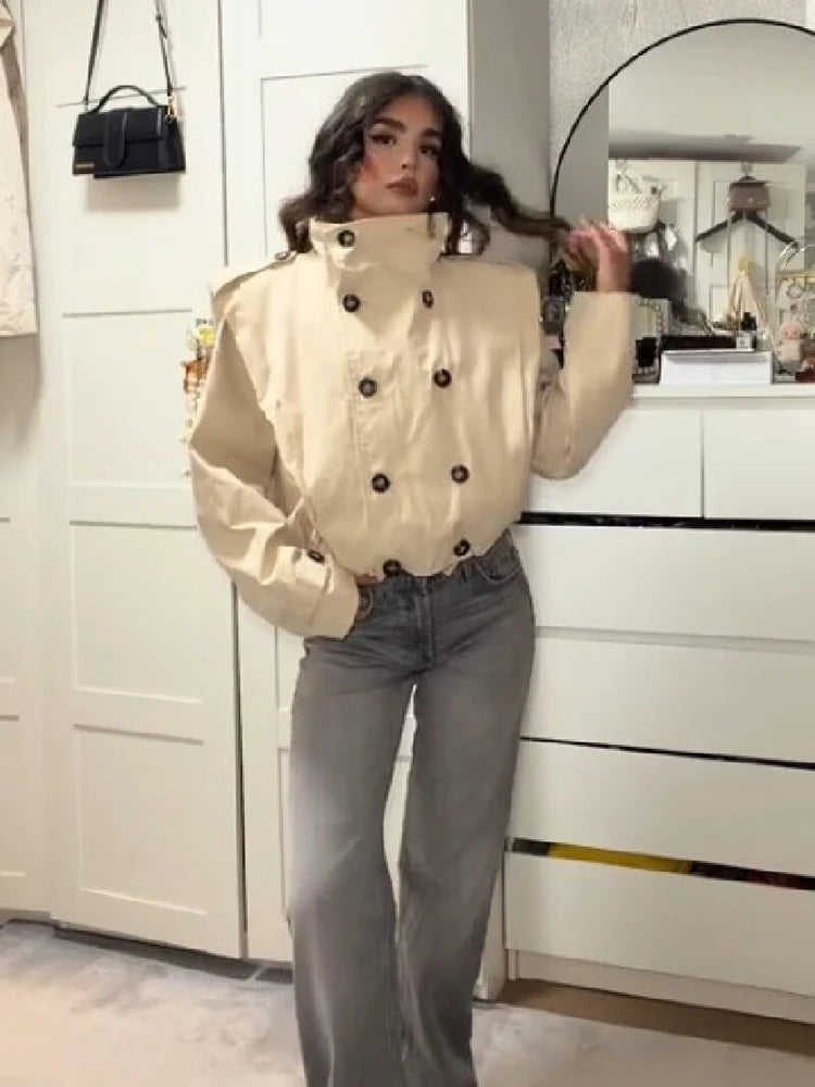Women Stand Collar Double Breasted Cropped Trench Jacket Long Sleeve Button Cuff Loose Short Outerwear Fashion Street Daily Wear