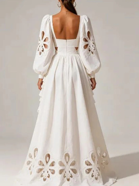 Fashion Style White Cutout Floral Accent Gown for Women Square Collar Puff Sleeve Asymmetric Train Skirt for Beach Elopement