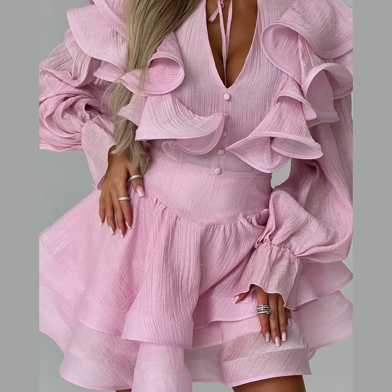 Ruffle Women Dress V Neck Waist Tie Dress Puff Sleeve Mini Dresses Tiered Layered Skirt Daily Dating Outfit With Layered Hem