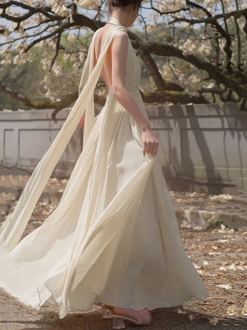 Elegant Women's Chiffon Slim Long Dress Halter Backless Sleeveless Maxi Dresses Summer Lady Long Ribbon Party Gowns