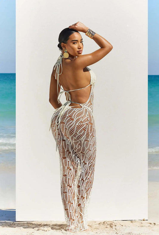 Women's Swimsuit Coverup Crochet Bikini Cover Ups Hollow Out Net Halter Sleeveless Swimwear for Beach 3 Pieces Long Dress