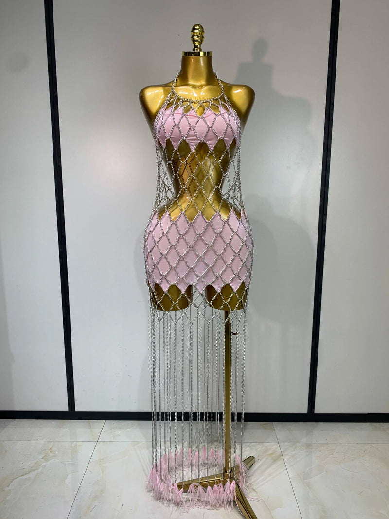 Pink Chain-Lattice Halter Dress with Long Fringe