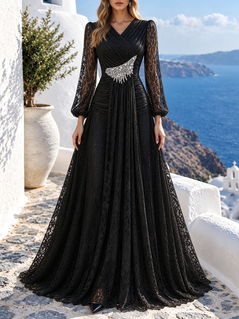 Fashion V Neck Lace Long Puff Sleeve Floor Length Dress for Women Ruched Waist Rhinestone Decoration for Banquet Gala Event