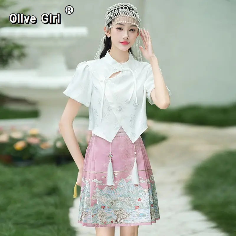 Olive Girl Red Embroidered Ma Mian Skirt for Ren Faire 2026 Garden Wedding Fairycore Photoshoot Everyday Wear S-XL XS-3XL Plus Size Hand Embroidered Dramatic Silhouette Romantic Garden Party Editorial Not Costume Chinese Heritage Fashion Women