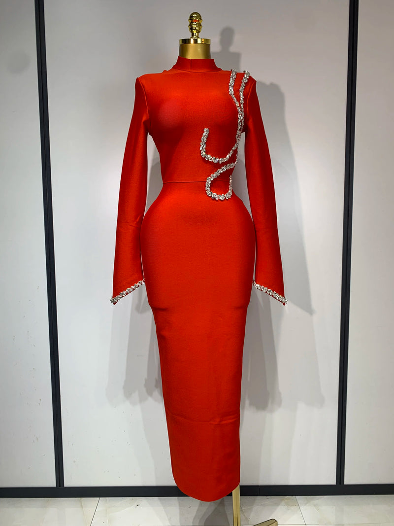 Women Sexy Long Sleeve Diamonds Maxi Long Bodycon Bandage Dress 2025 Celebrity Elegant Evening Party Luxury Birthday Dresses