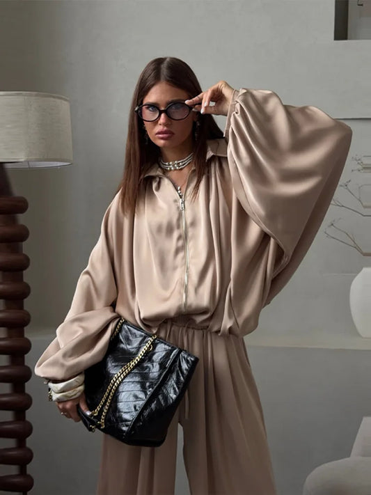 Casual Loose Coats Pants Set Women Full Sleeve Lapel Zippers Solid Coat Long Straight Pleated Pant Sets 2026 Autumn Lady Suit