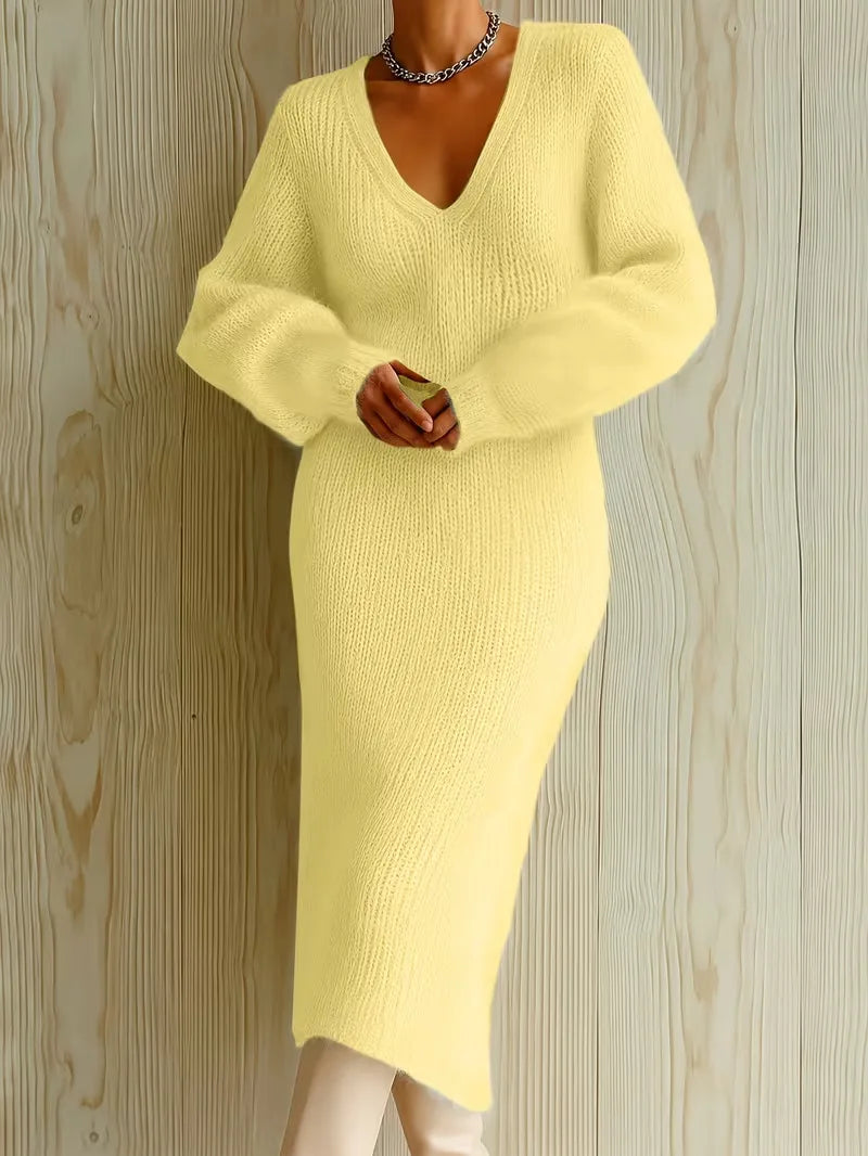 Women Knit Midi Dresses V Neck Bubble Sleeve Fuzzy Bodycon Elegant Party Daily Outfit Autumn 2026
