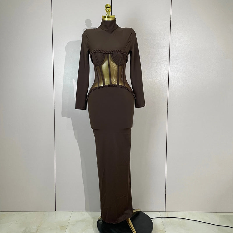 New Sexy Mesh See Through Brown Bodycon Long Sleeve Dress Women Celebrity Elegant Evening Party Luxury Birthday Fancy Club Gown