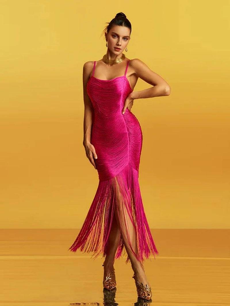 High Quality Fashion Fringe Rose Red Spaghetti Strap Long Dresses Women'S Tassel Celebrity Bandage Dress Prom Vestidos