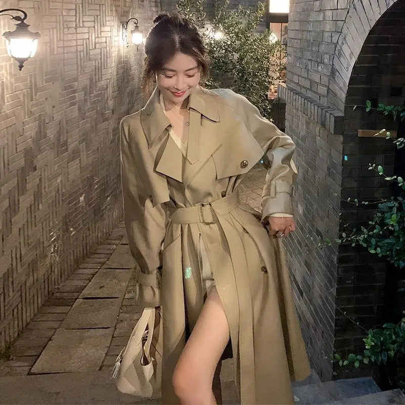 Elegant British Detective Vintage Warm Trench Coat Women Petite Double Breasted Belted Waist Nude Color Mid Length Casual Outfit