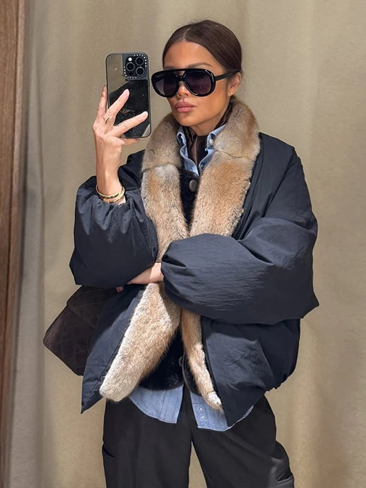 Women Faux Fur Collar Bomber Jacket Black Quilted Puffer Coat Loose Oversized Pilot Jacket 2026 Fashion Casual Winter Outerwear