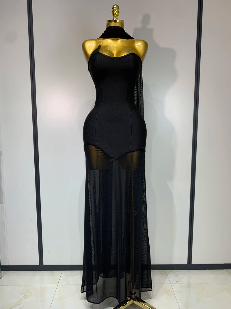Sexy Strapless Long Bandage Dress Black Mesh Patchwork Elegant Women Blackless Evening Party Gowns Bodycon Birthday Dresses