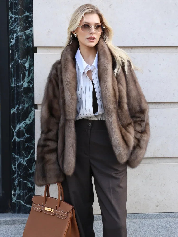 Women Brown Faux Fur Long Sleeve Jacket High Stand Collar Batwing Sleeve Warm Outfit Winter Lady New Highstreet Outerwear 2026