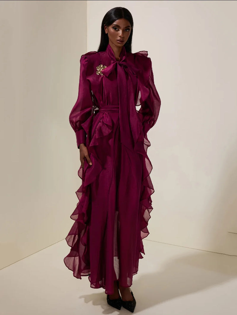 Solid Spliced Ruffles Folds Fashion Dresses for Women Tie a bow collar Long Sleeves High Waist Lace Up Maxi Dress Female