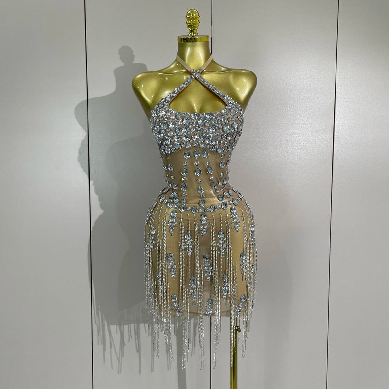 Women Luxury Crystals Diamonds Sexy Halter Mesh See Through Celebrate Birthday Gowns Evening Party Nightclub Singer Stage Wear