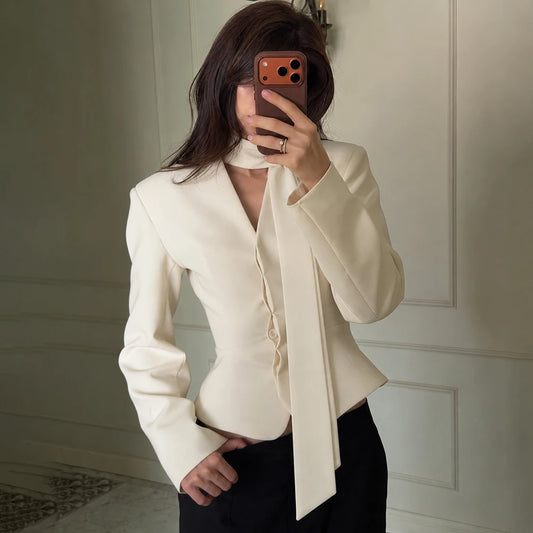 Stripe Tailored Coat For Women Lace Up V Neck Long Sleeves Coat Female Fashion Elegant High-End Formal Tailored Coat