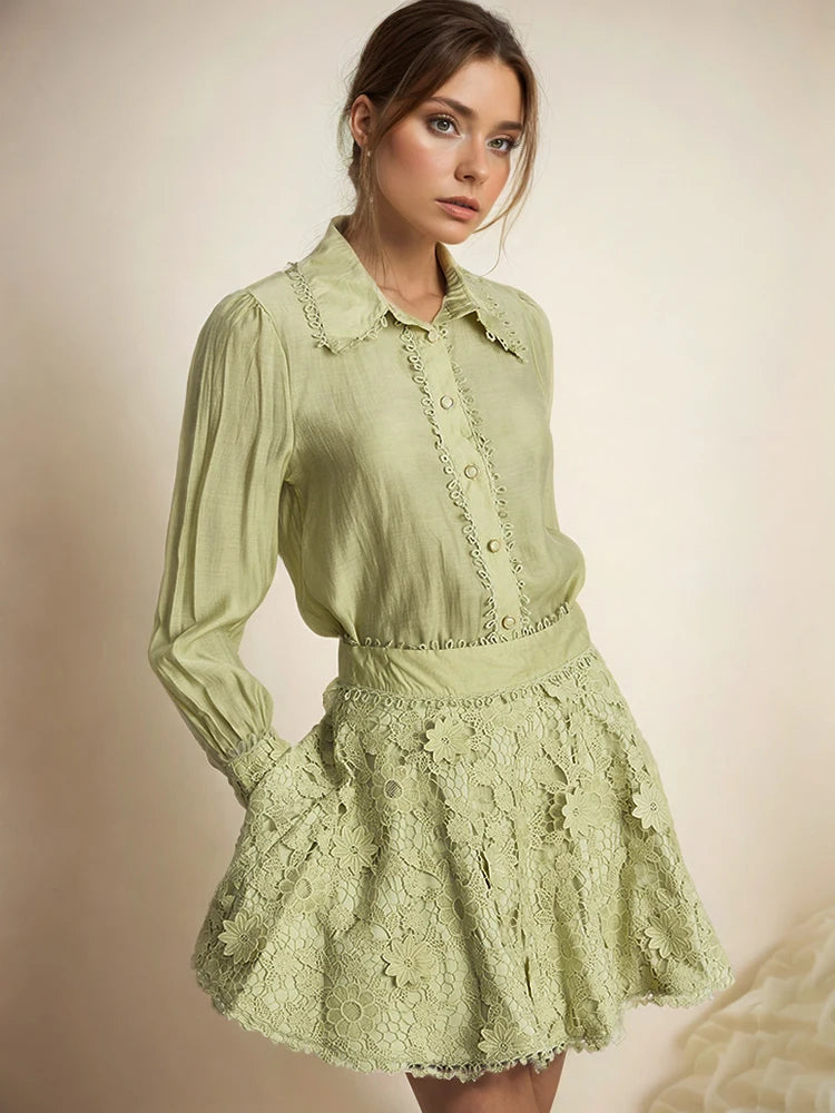 Solid Loose Two Piece Set For Women Lapel Long Sleeve Top High Waist Embroidery A Line Skirt Elegant Sets Female