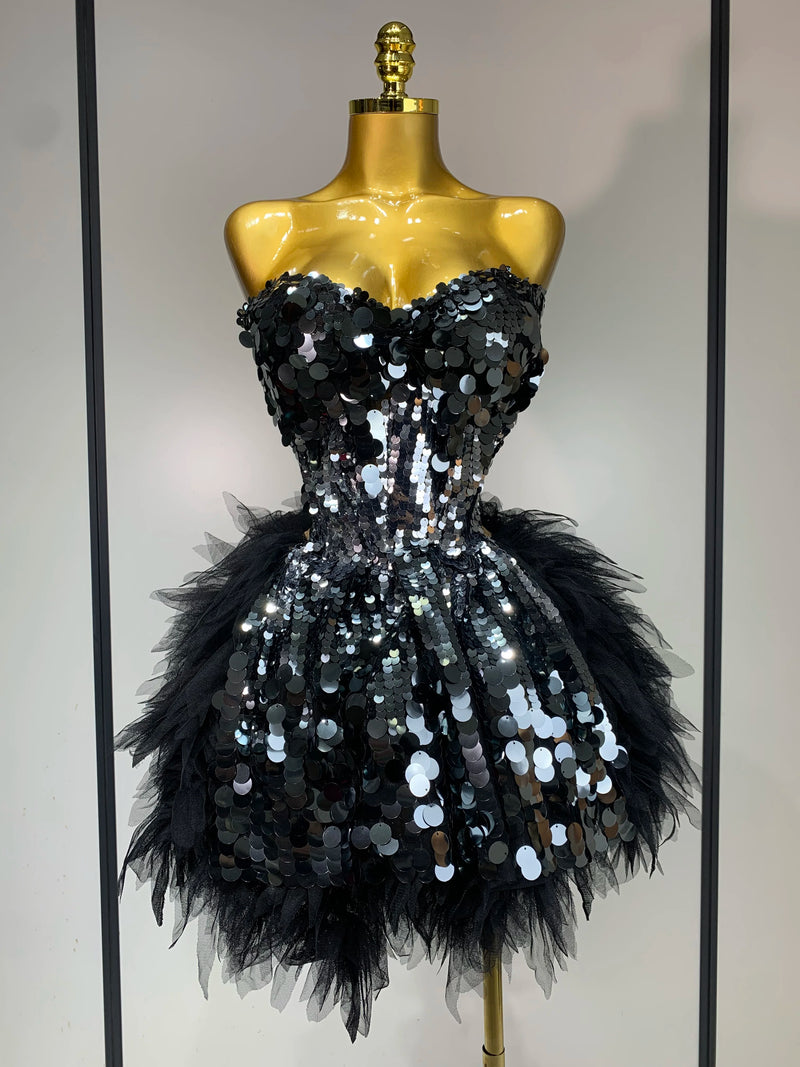 Sparkly Black Sequins Two Pieces Set for Women Party Evening Prom Celebrate Birthday Photo Shoot Dress Nightclub Dance Costume