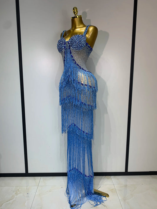 Sparkly Rhinestones Fringes Maxi Long Dress Women Sexy Transparent Elagant Evening Party Birthday Dress Photo Shoot Outfit