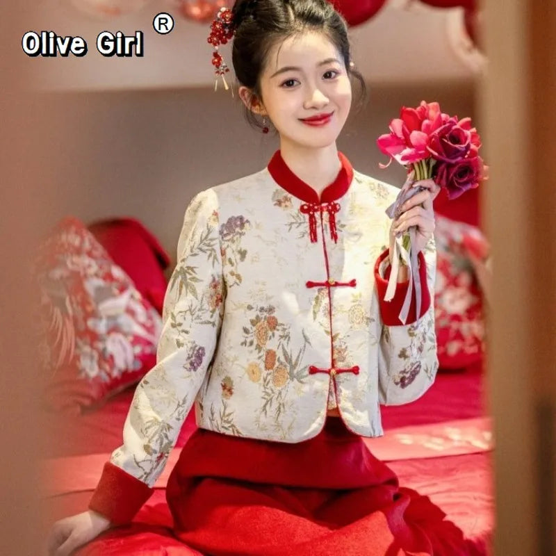 Weaving Brocade Jacquard Coat Jacket Cotton Bridal Attire Wedding Women's Chinese Clothing 2026 Buttoned Red Midi Skirt