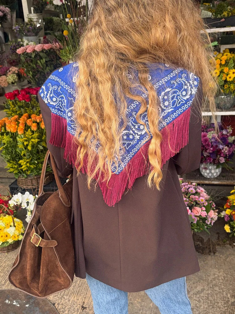 Women Bandana Print Blazer Jacket Triangle Scarf Tassel Fringe Back Loose Suit Coat 2026 Fashion Casual Office Lady Chic Jacket