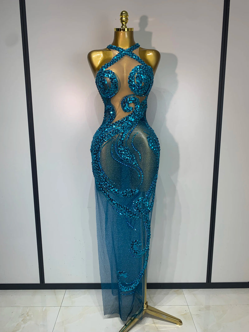 Women Luxury Blue Rhinestones Sequines Mesh Transparent Long Dress Club Evening Party Dress Birthday Photoshoot Clothing