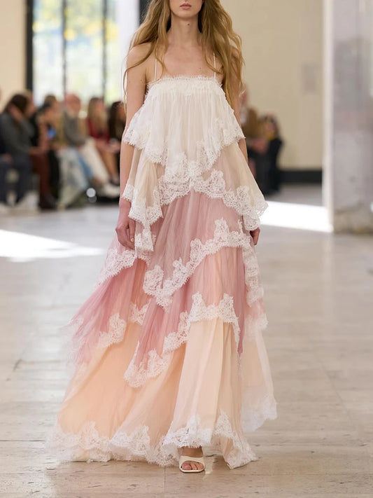 Gradient Color Runway Spaghetti Strap Maxi Dress for Women Strapless Spliced Ruffles Sweet Lace Edge Cake Dresses Female New