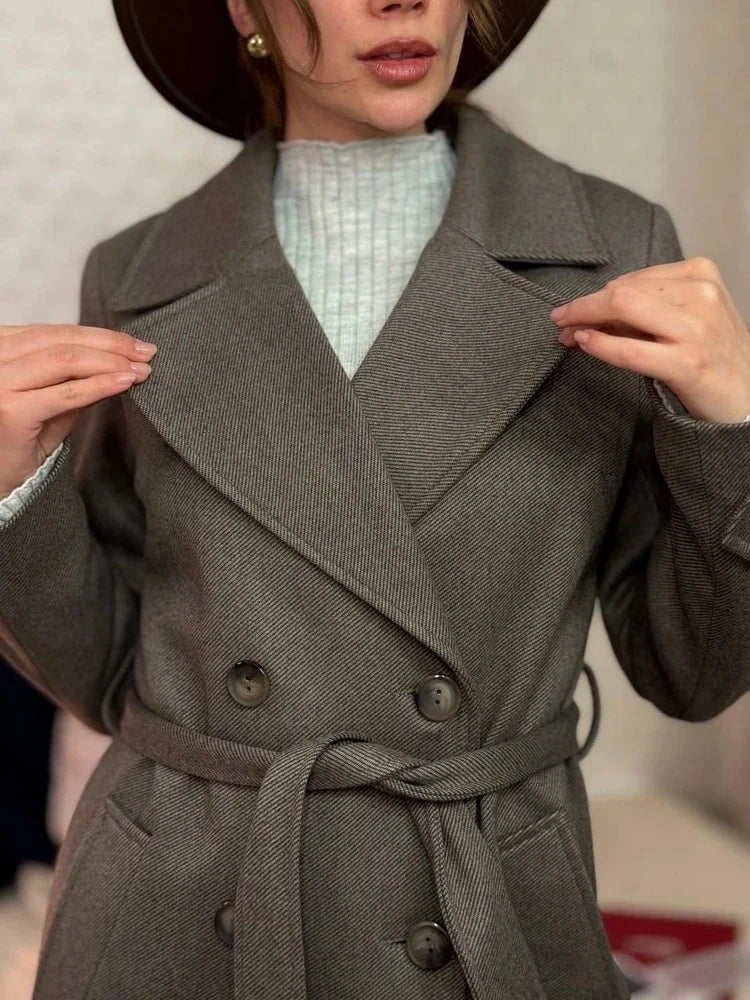 Women Grey‑coffee Wool‑blend Long Overcoat Oversized Wide Suit Lapel Collar Self‑tie Belt Cinched Waist Elegant Warm Outerwear