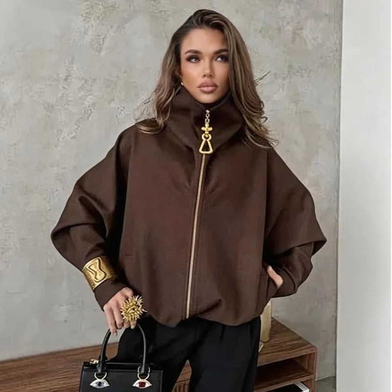 Women Stand Collar Zip Up Jacket Loose Long Sleeve Casual Warm Wool Blend Outerwear Fashion Coat Autumn
