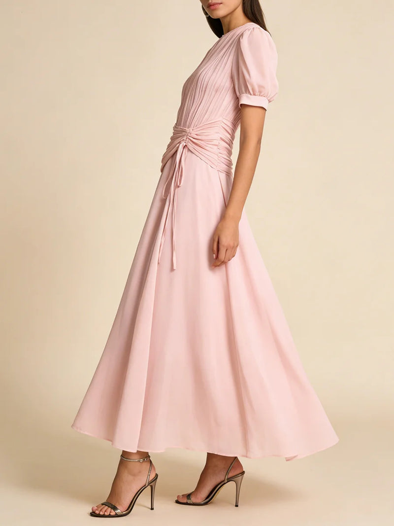 Art Exhibitions Pink Pleated Maxi Dress for Women Puff Sleeve Twist Waist Accent Pleated Bodice for Wedding Guest