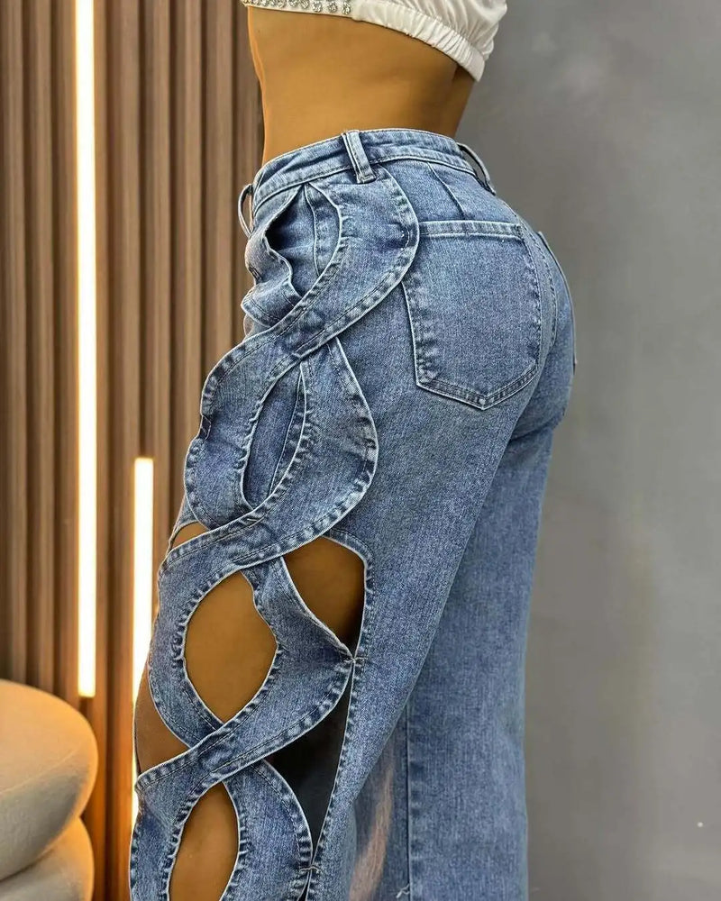 Women Streetwear Cutout Hollow Out Criss Cross Side Wide Leg Blue Denim Pants Fashion Sexy Party Jeans Trousers