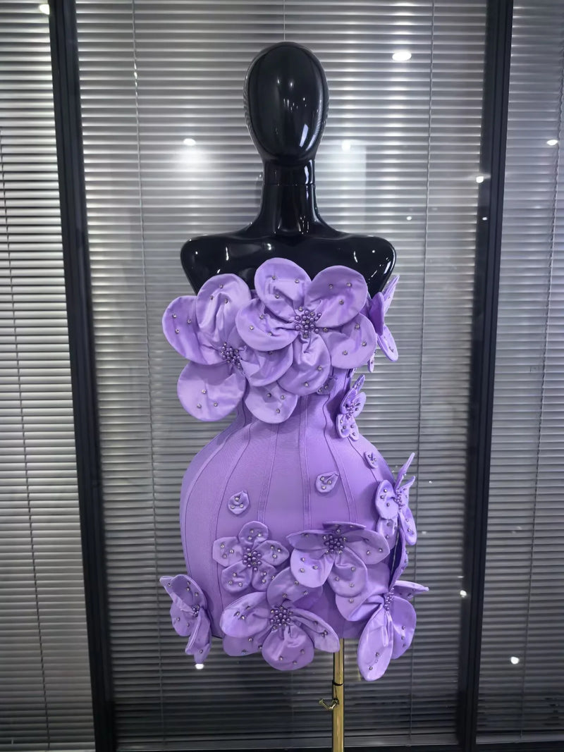 5 Colors Women Sexy Strapless Shining Diamond Flowers Bodycon Mini Bandage Dress Birthday Party Celebrate Cocktail Outfit