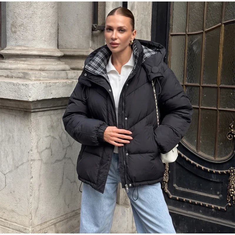 Casual Hooded Puffer Jacket Women Plaid Lining Drawstring Collar Quilted Warm Padded Elastic Cuff Coat Winter Oute Street Wear
