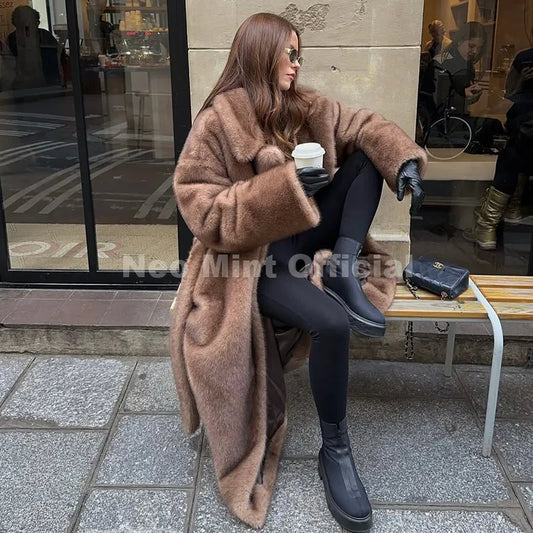Luxury Long Belted Faux Mink Fur Coat Women 2026 Winter Thick Warm Overcoat Chic Street Fashion Fake Fur Coat Outerwear