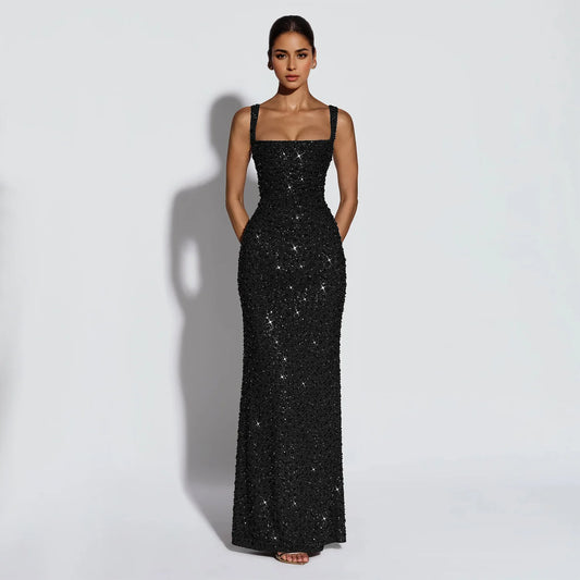 Prom Gowns European and American Temperament Backless Suspender Dress Solid Slim Draped Sequined Long Dresses for Women