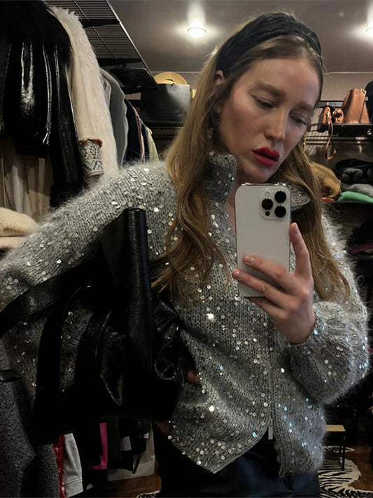 Women's Chic Sequin Knitted Cardigan Solid Stand Neck Double Zipper Sweater Oversized Knitwear Winter Female Elegant Cardigans